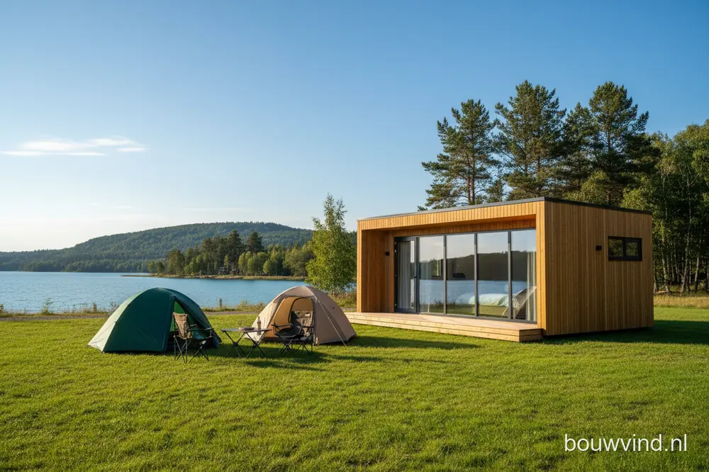 Vakantiehuisje naast een kleine camping met twee tenten op een grasveld bij een meer